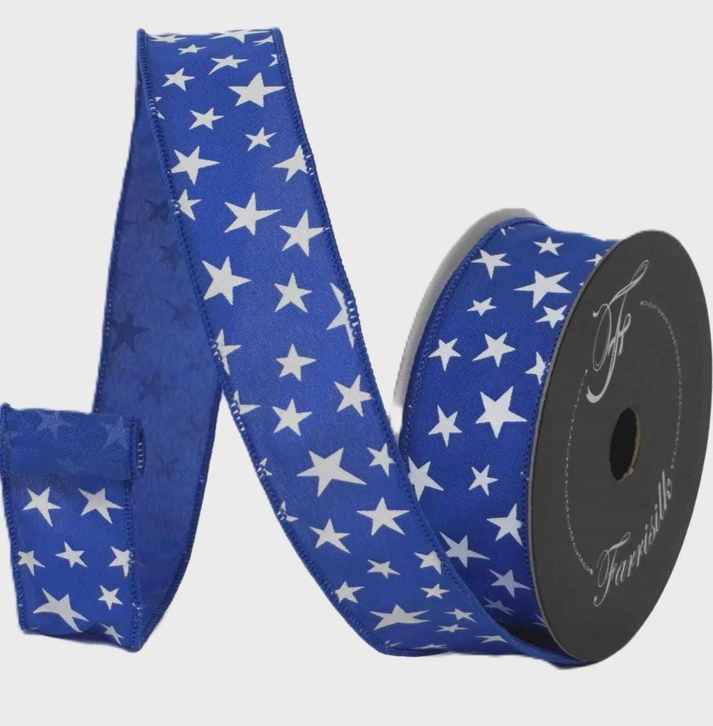 Farrisilk Blue Star Ribbon 1.5” x 10 Yards | Patriotic Stars Wired Ribbon | Fourth of July Wreath & Bow Ribbon