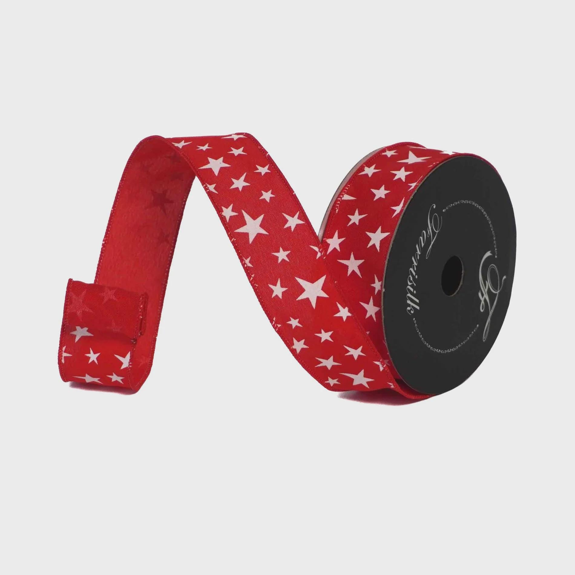 Farrisilk Red Star Ribbon 1.5” x 10 Yards | Patriotic Stars Wired Ribbon | Fourth of July Wreath & Bow Ribbon