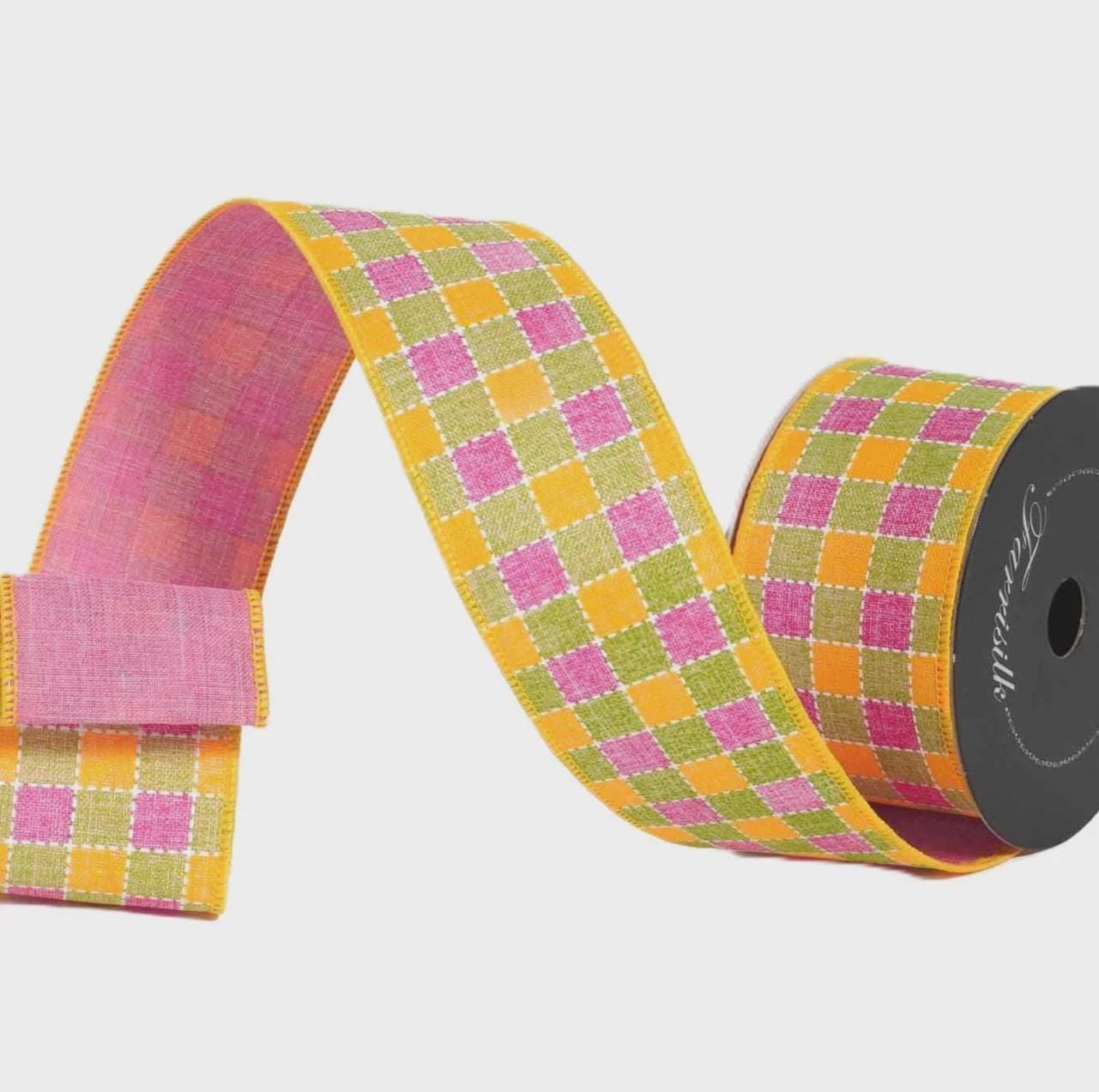 Farrisilk Yellow Pink Check Ribbon 2.5” x 10 Yards | Dashing Checks Wired Ribbon | Spring Easter Wreath Bow Ribbon