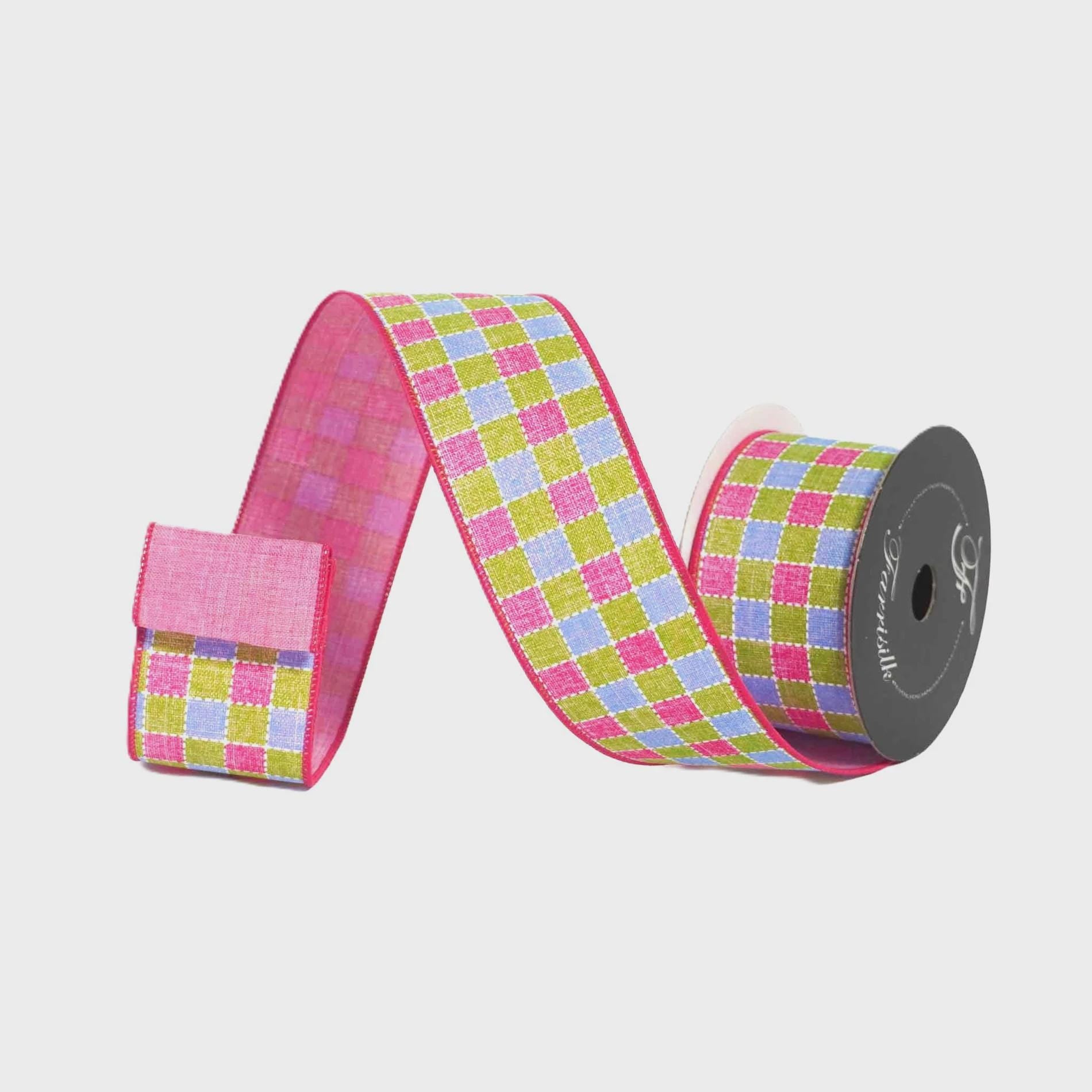 Farrisilk Lime Pink Check Ribbon 2.5” x 10 Yards | Dashing Checks Wired Ribbon | Spring Easter Wreath Bow Ribbon