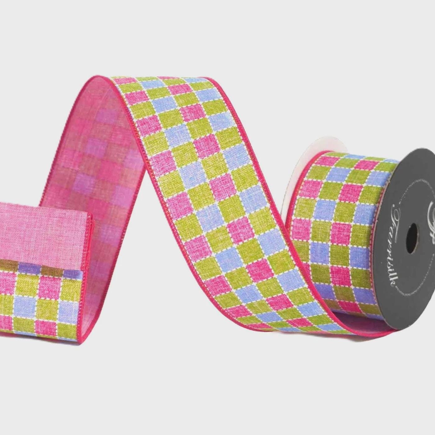 Farrisilk Lime Pink Check Ribbon 2.5” x 10 Yards | Dashing Checks Wired Ribbon | Spring Easter Wreath Bow Ribbon