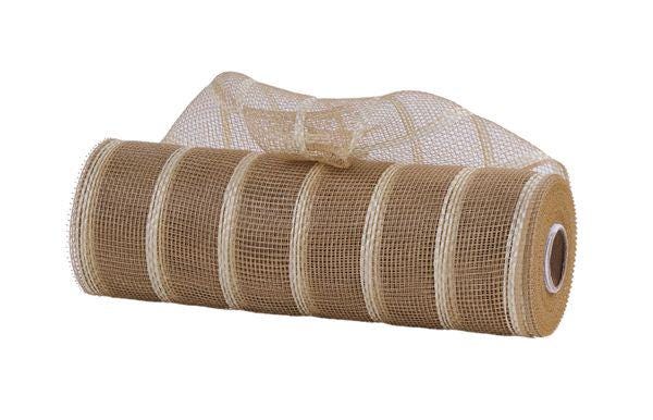 10" x 10yd Vertical Wide Stripe Mesh – Tan & White | Rustic Deco Mesh for Wreaths, Bows, Farmhouse Crafts