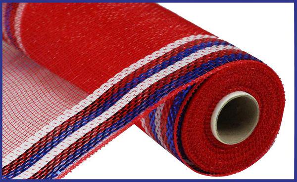 10" x 10yd Border Stripe Metallic Deco Mesh – Red with Blue & White Stripes | Patriotic Mesh for Wreaths, Bows, Holiday Decor