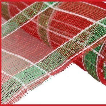 10" x 10yd White Stripe Plaid Deco Mesh – Red & Lime Green | Festive Mesh for Wreaths, Holiday, Bold Seasonal Crafts