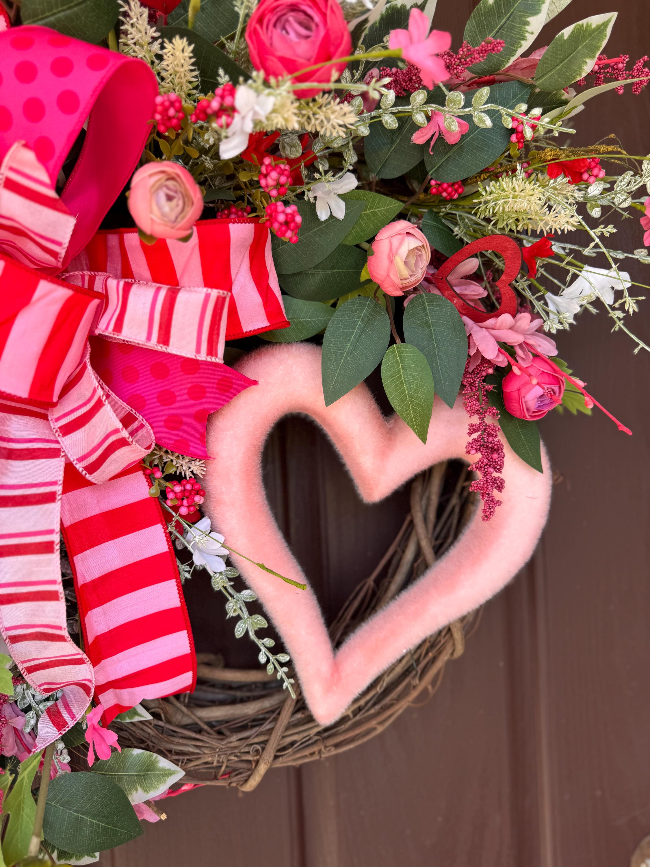 Valentine’s Day Grapevine Heart Wreath, Romantic Front Door, Pink & Red Door Decor