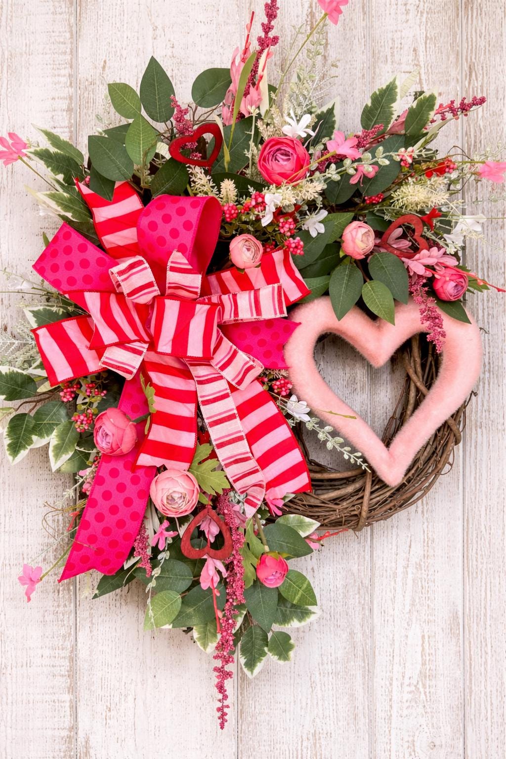 Valentine’s Day Grapevine Heart Wreath, Romantic Front Door, Pink & Red Door Decor