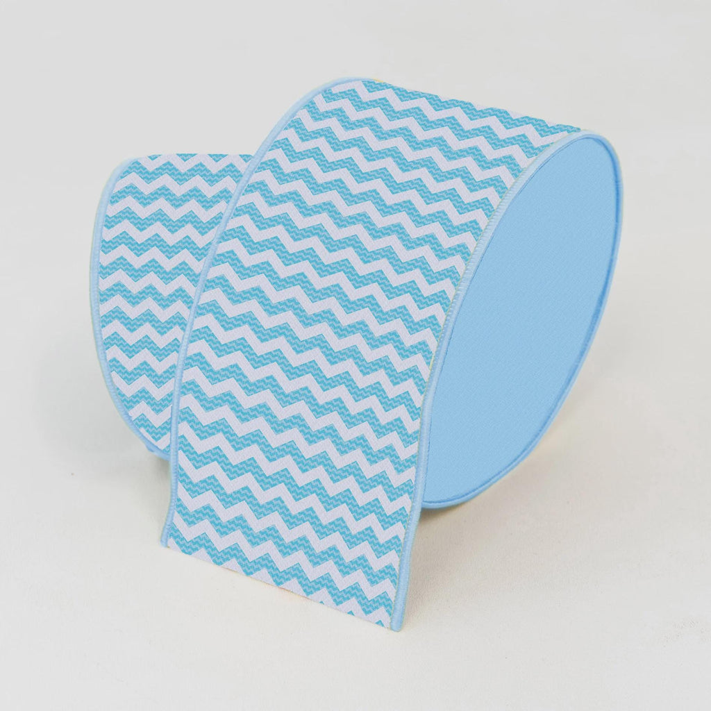 Farrisilk Summer Chevron Blue Ribbon 4" x 10yd – Wired Edge Wide Ribbon for Wreaths, Bows, Crafts, Gift Wrap