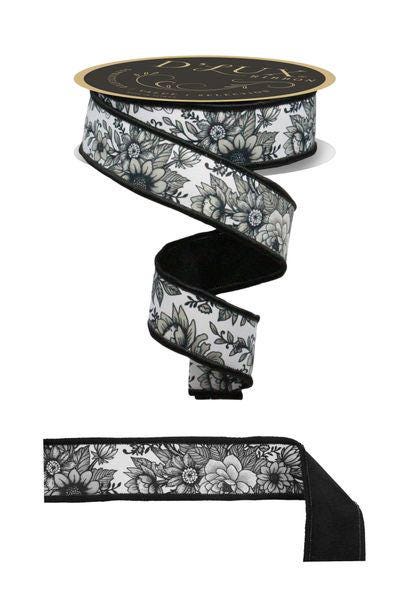 Black & White Chinoiserie Floral Ribbon – 1.5” x 10 Yards Wired Ribbon, Fused Edge Trim for Wreaths, Wedding Decor, Gift Wrapping