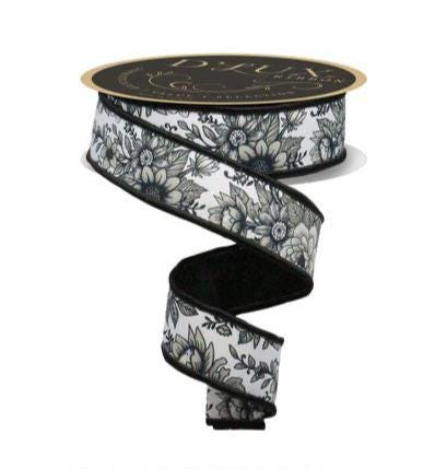 Black & White Chinoiserie Floral Ribbon – 1.5” x 10 Yards Wired Ribbon, Fused Edge Trim for Wreaths, Wedding Decor, Gift Wrapping