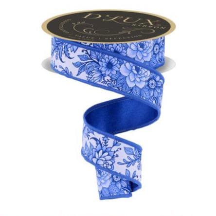 Blue & White Chinoiserie Floral Ribbon – 1.5” x 10 Yards Wired Ribbon for Wreaths, Wedding Decor, Gift Wrapping, Floral Design