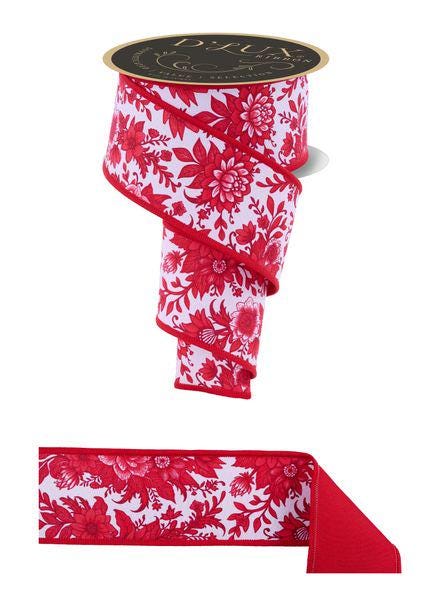 Red & White Chinoiserie Floral Ribbon – 2.5” x 10 Yards Wired Ribbon for Christmas Wreaths, Holiday Decor, Gift Wrapping
