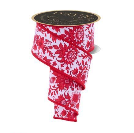 Red & White Chinoiserie Floral Ribbon – 2.5” x 10 Yards Wired Ribbon for Christmas Wreaths, Holiday Decor, Gift Wrapping