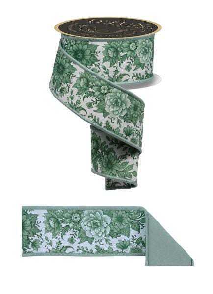Green & White Chinoiserie Floral Ribbon – 2.5” x 10 Yards Wired Ribbon for Spring Wreaths, Garden Wedding Decor, Gift Wrap