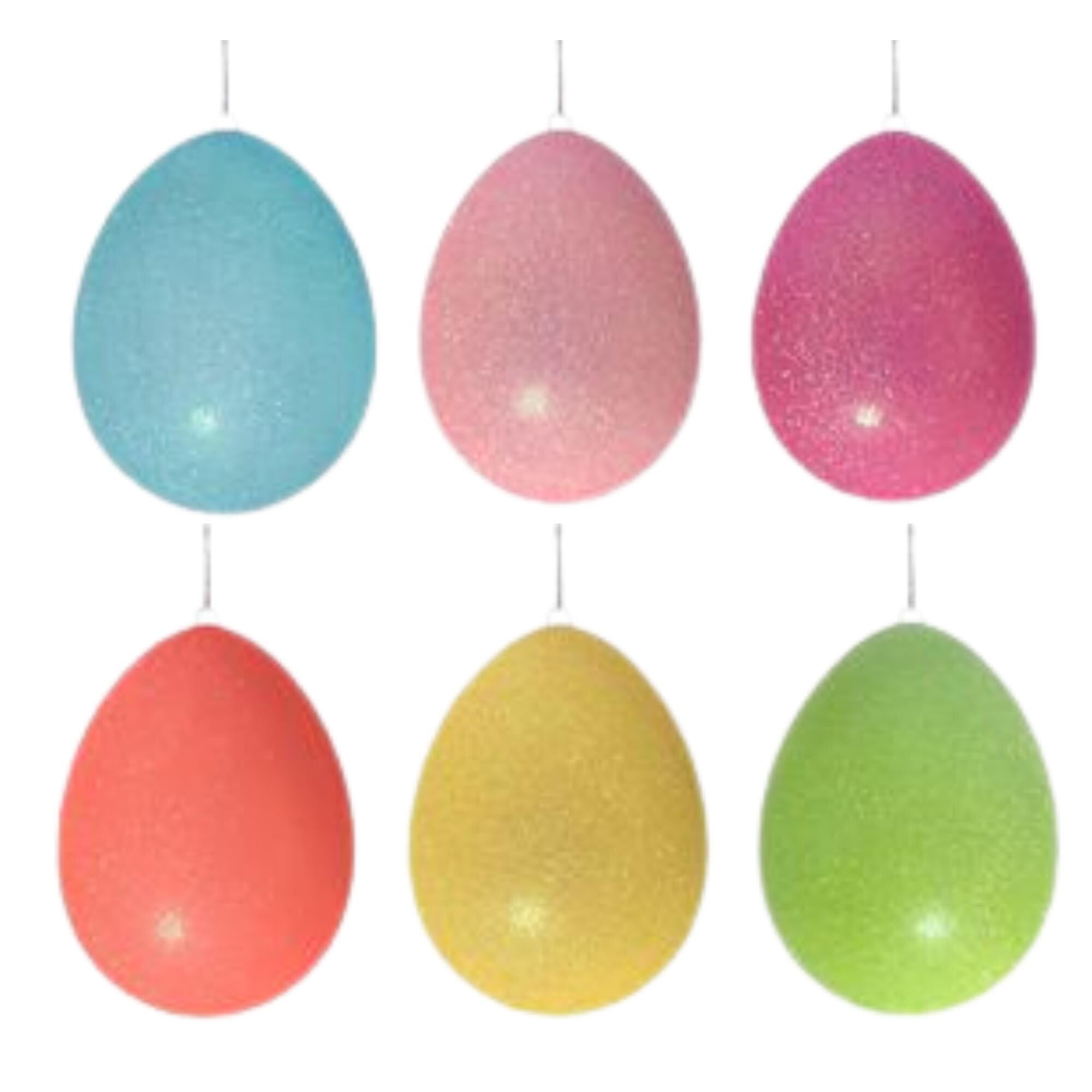 Iridescent Glitter Easter Egg Ornaments – Set of 6 Pastel Hanging Eggs, 4.75” Spring Tree Decor in Assorted Colors