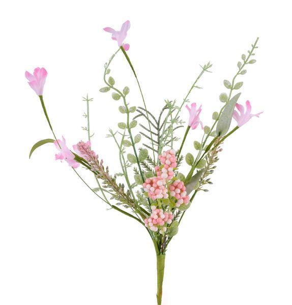 Light Pink Spring Floral Bush – 12” Fabric Flowers with EVA Leaves & Bead Berries, Easter Wreath Accent, Faux Flower Spray