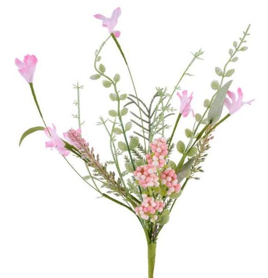 Light Pink Spring Floral Bush – 12” Fabric Flowers with EVA Leaves & Bead Berries, Easter Wreath Accent, Faux Flower Spray