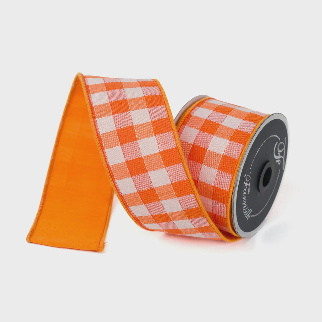 Farrisilk Stitchery Orange Gingham Ribbon 2.5" x 10yd – Wired Edge Ribbon for Wreaths, Bows, Crafts, Spring & Summer Decor