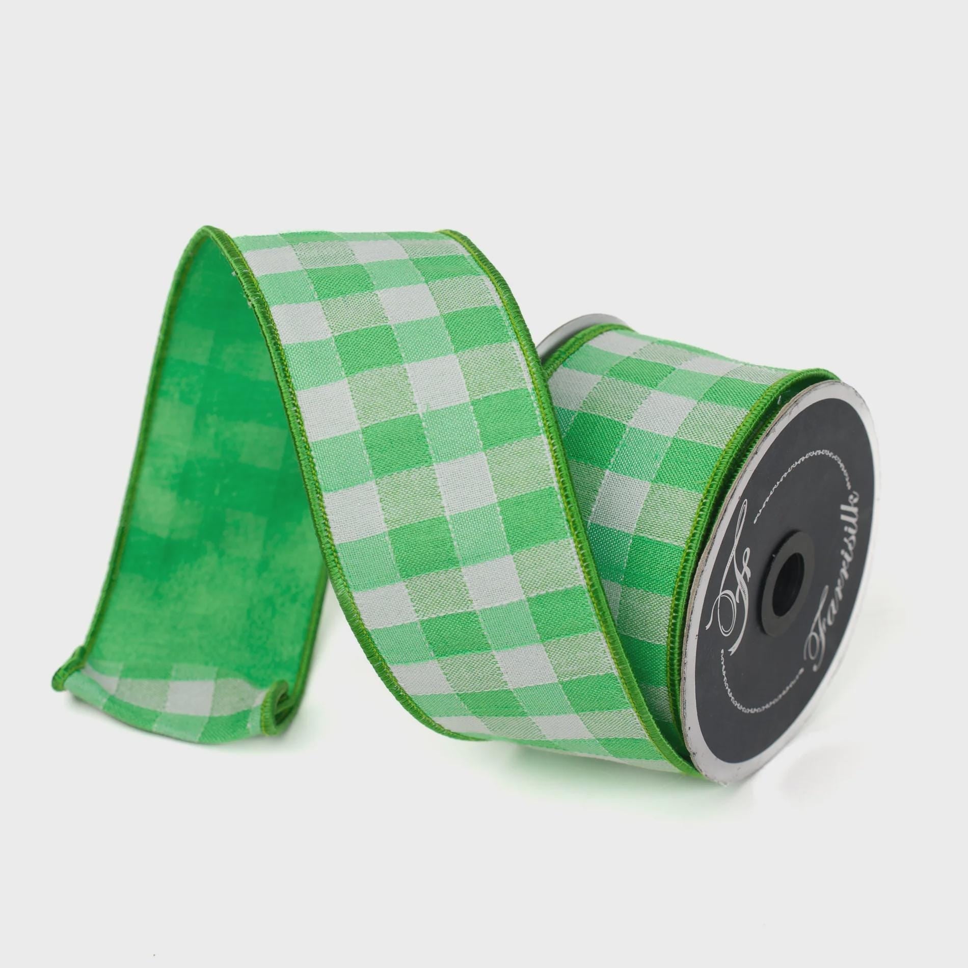 Farrisilk Stitchery Lime Green Gingham Ribbon 2.5" x 10yd – Wired Edge Spring Summer Wreath Bow Craft Ribbon