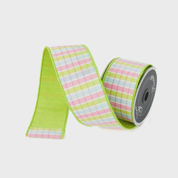 Farrisilk Pastel Plaid Ribbon – Light Pink & Lime Green 2.5" x 10yd | Wired Spring Easter Ribbon for Wreaths, Bows, Crafts