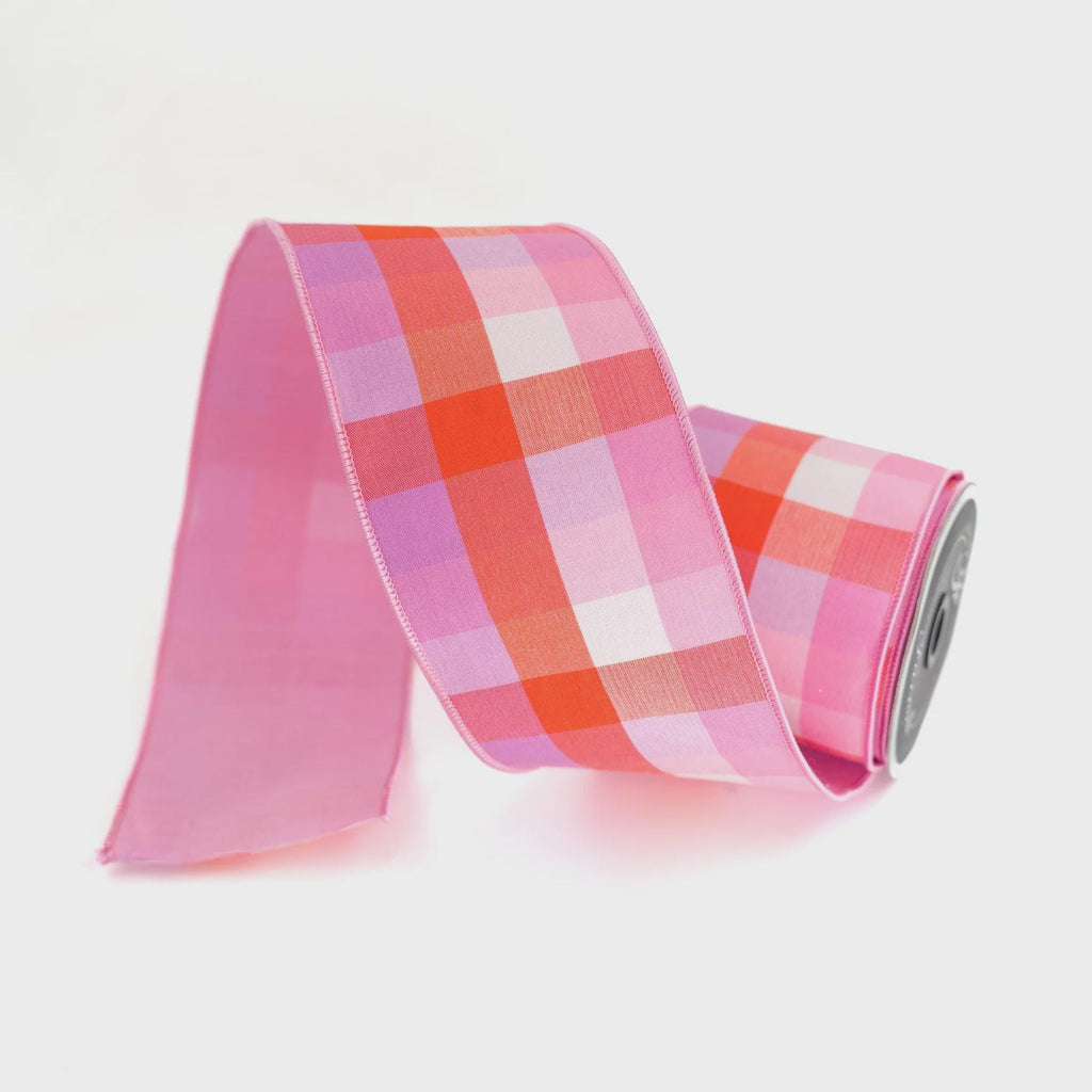 Farrisilk Easter Checks Ribbon – Pink Plaid 4" x 10yd | Wired Spring Ribbon for Wreaths, Bows & DIY Crafts