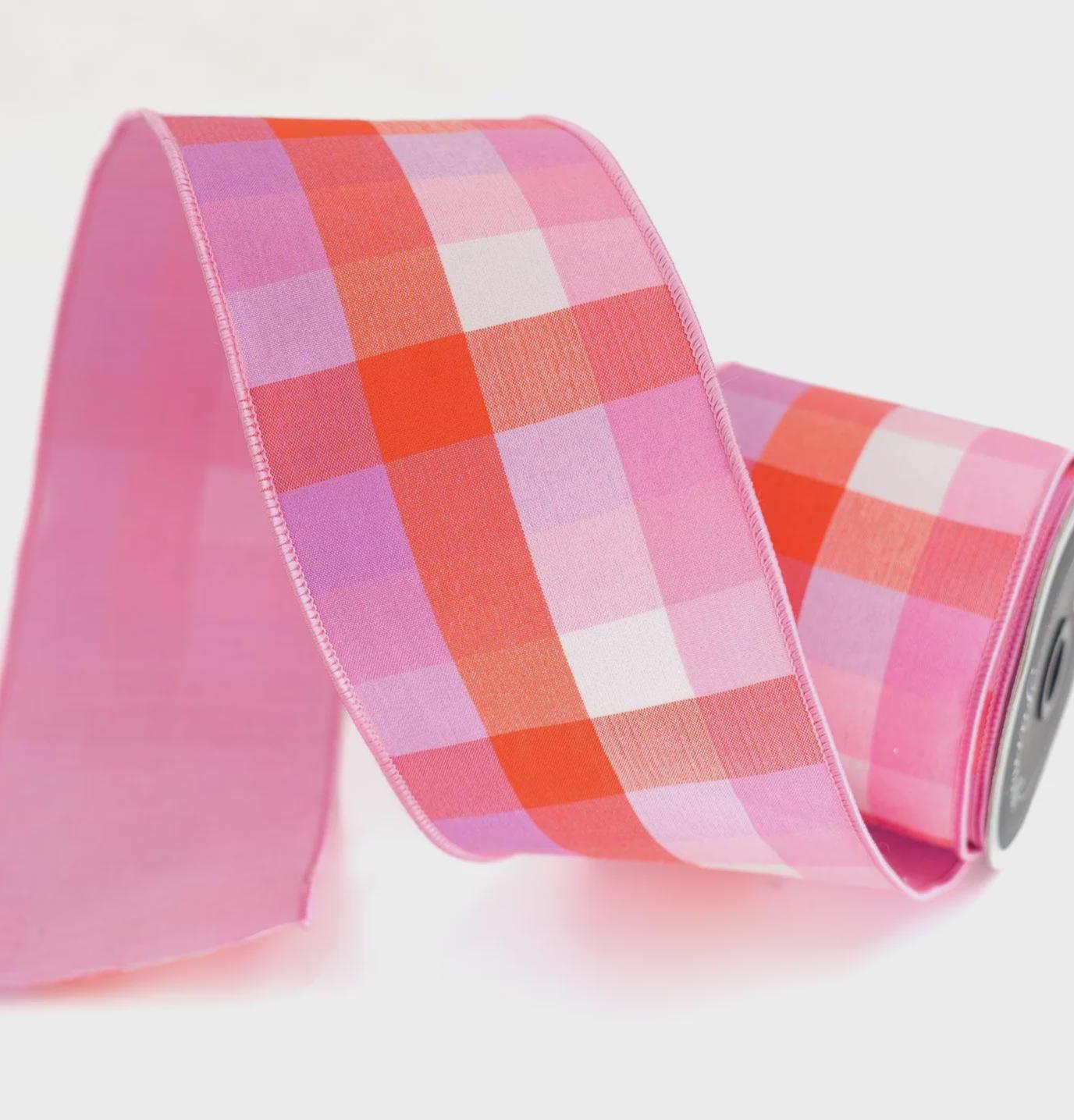 Farrisilk Easter Checks Ribbon – Pink Plaid 4" x 10yd | Wired Spring Ribbon for Wreaths, Bows & DIY Crafts