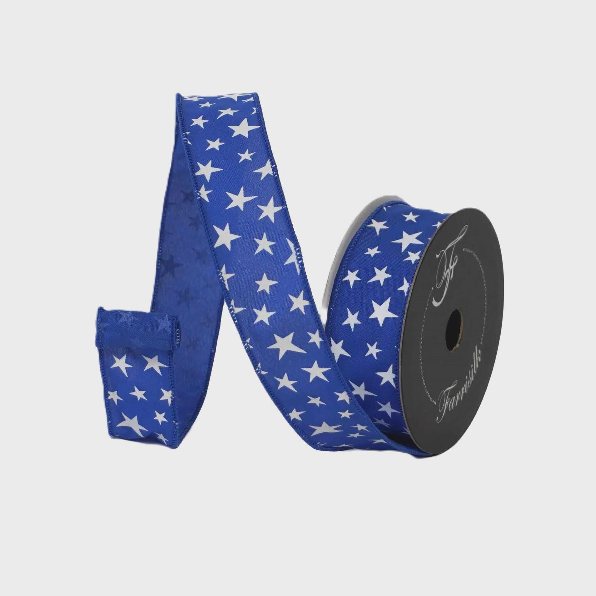 Farrisilk Blue Star Ribbon 1.5” x 10 Yards | Patriotic Stars Wired Ribbon | Fourth of July Wreath & Bow Ribbon