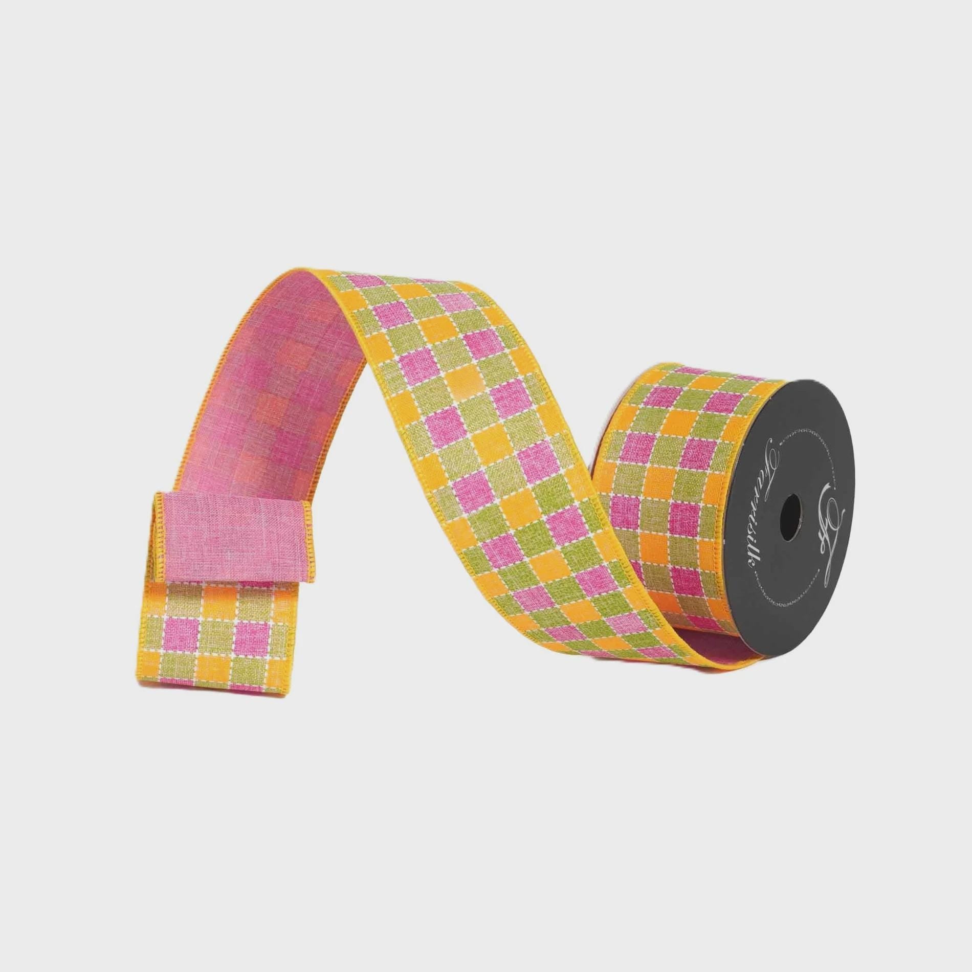 Farrisilk Yellow Pink Check Ribbon 2.5” x 10 Yards | Dashing Checks Wired Ribbon | Spring Easter Wreath Bow Ribbon
