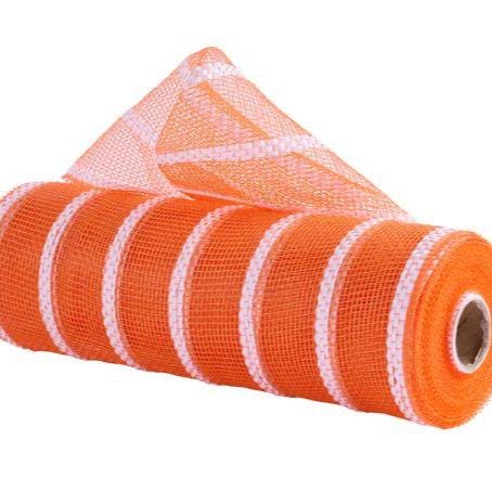 10" x 10yd Vertical Wide Stripe Mesh – Orange & White | Deco Mesh for Wreaths, Crafts and Seasonal Decor