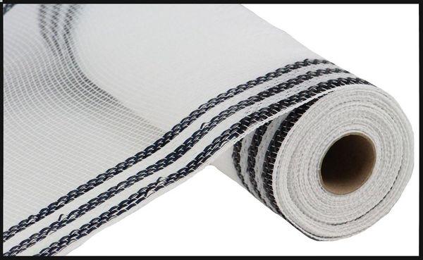 10" x 10yd Border Stripe Metallic Deco Mesh – White with Black Foil | Elegant Mesh Ribbon for Wreaths, Bows & Event Decor