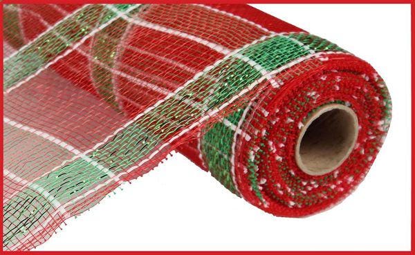 10" x 10yd White Stripe Plaid Deco Mesh – Red & Lime Green | Festive Mesh for Wreaths, Holiday, Bold Seasonal Crafts