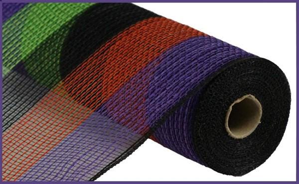10.25" x 10yd Faux Jute Wide Stripe Deco Mesh – Black, Purple, Orange & Green | Rustic Halloween Mesh for Wreaths