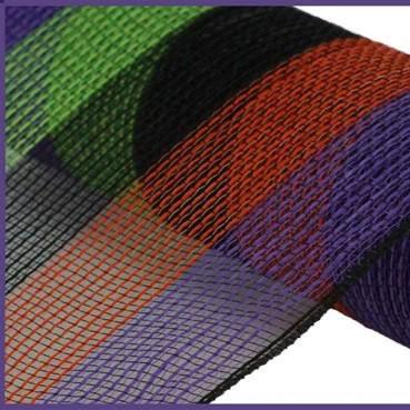 10.25" x 10yd Faux Jute Wide Stripe Deco Mesh – Black, Purple, Orange & Green | Rustic Halloween Mesh for Wreaths
