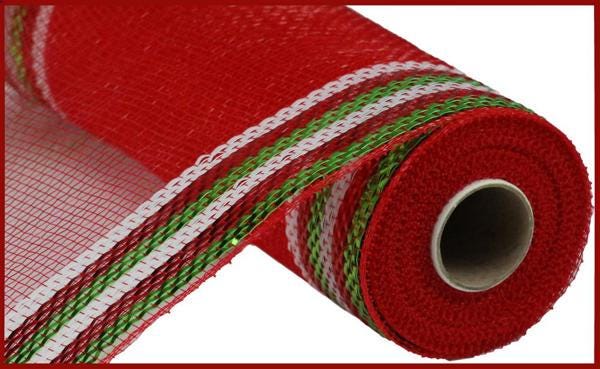 10" x 10yd Border Stripe Metallic Deco Mesh – Red, Green & White | Classic Christmas Mesh for Wreaths, Holiday Decor