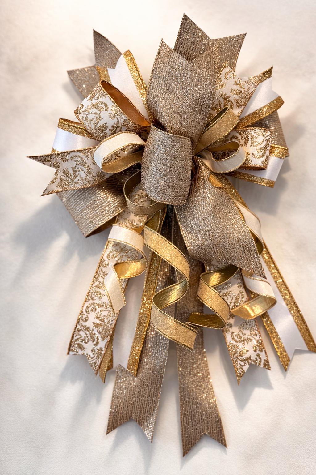 Large Gold & White Christmas Door Bow 25x16 | Luxury Glitter Holiday Wreath Bow | Elegant Wedding Party Decor