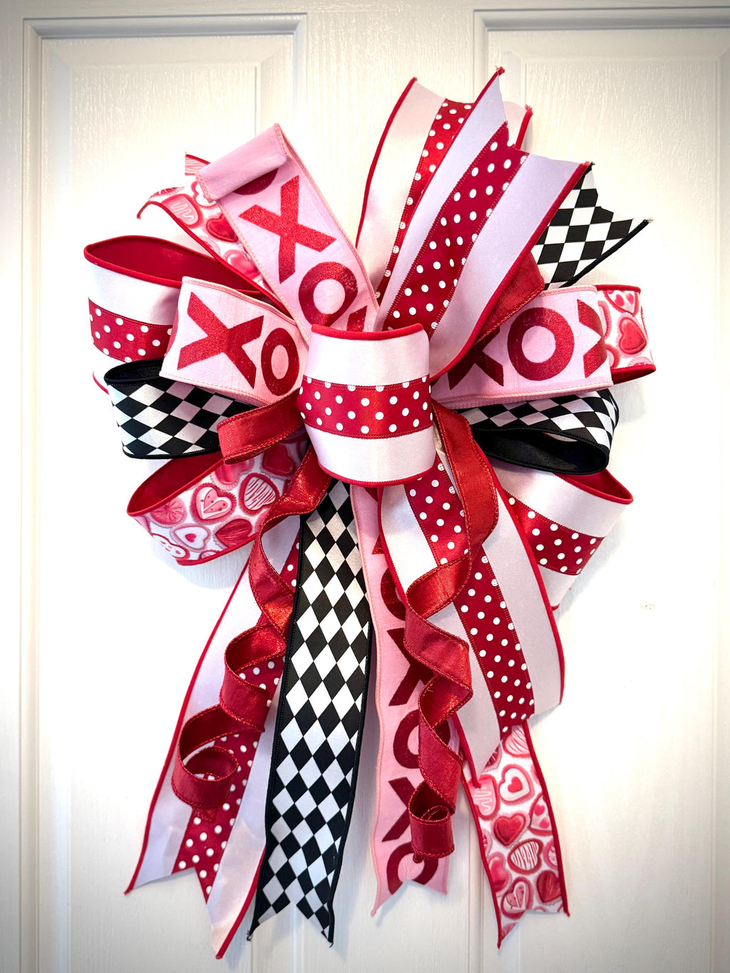 Valentine’s Day Door Bow 25x17 | Large XO Heart Front Door Decoration | Red Pink Black White Holiday Wreath Bo