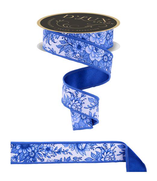 Blue & White Chinoiserie Floral Ribbon – 1.5” x 10 Yards Wired Ribbon for Wreaths, Wedding Decor, Gift Wrapping, Floral Design