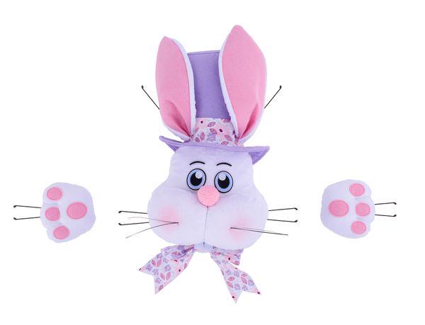Easter Bunny Wreath Attachment Kit – 3 Pc Plush Bunny Face with Hat, 25” Spring Door Decor in White, Pink and Lavender