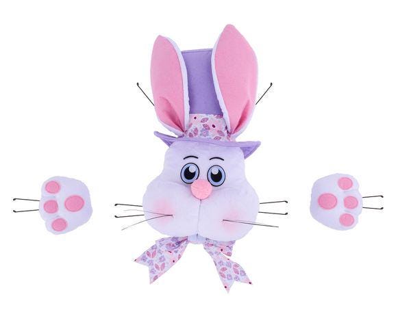 Easter Bunny Wreath Attachment Kit – 3 Pc Plush Bunny Face with Hat, 25” Spring Door Decor in White, Pink and Lavender
