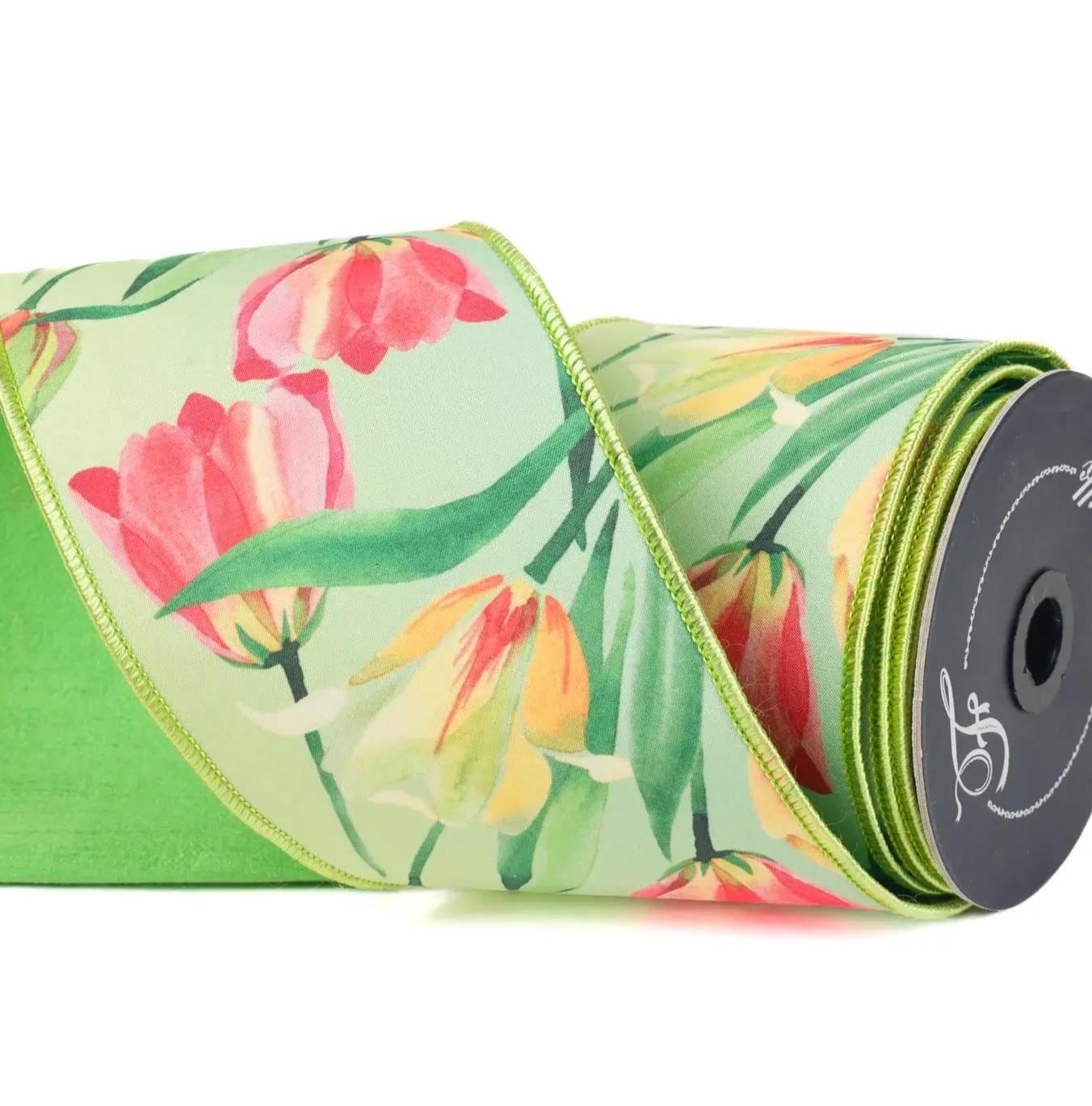 Farrisilk Spring Tulip Floral Wired Ribbon 4” x 10 Yards | Luxury Designer Easter Ribbon for Wreaths, Bows, Gift Wrapping & Spring Decor