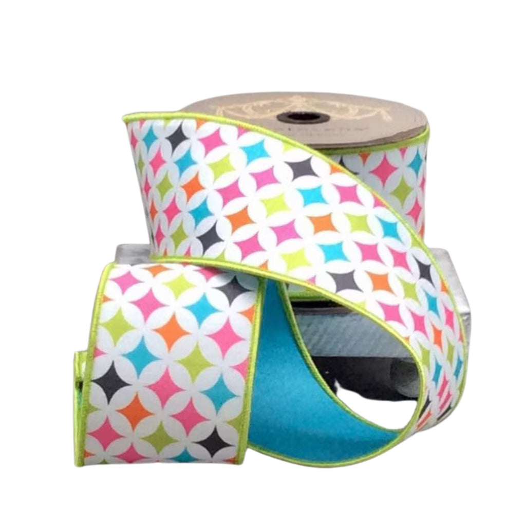 D Stevens Retro Diamond Dupioni Ribbon 3” x 10 Yards – Pink Lime Teal Orange Wired Ribbon for Wreaths, Bows, Spring & Summer Decor