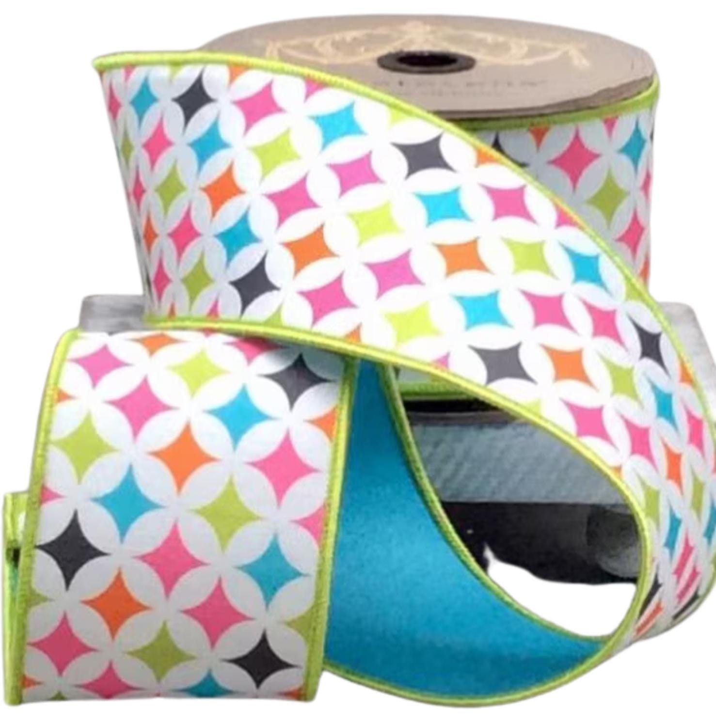 D Stevens Retro Diamond Dupioni Ribbon 3” x 10 Yards – Pink Lime Teal Orange Wired Ribbon for Wreaths, Bows, Spring & Summer Decor