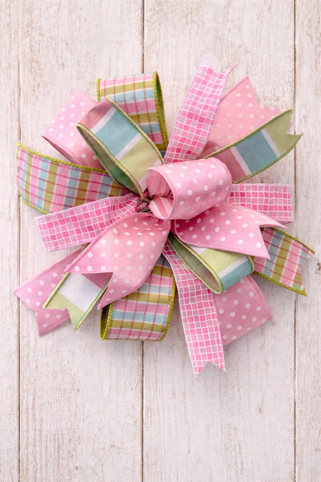 14" Pastel Easter Bow for Wreath | Pink Polka Dot Plaid Spring Ribbon Bow | Designer Bunny Wreath Attachment