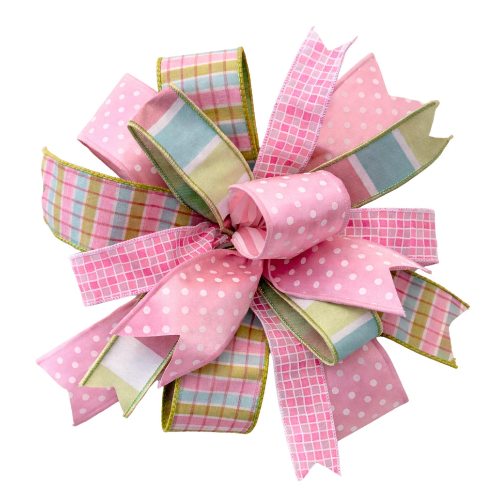 14" Pastel Easter Bow for Wreath | Pink Polka Dot Plaid Spring Ribbon Bow | Designer Bunny Wreath Attachment