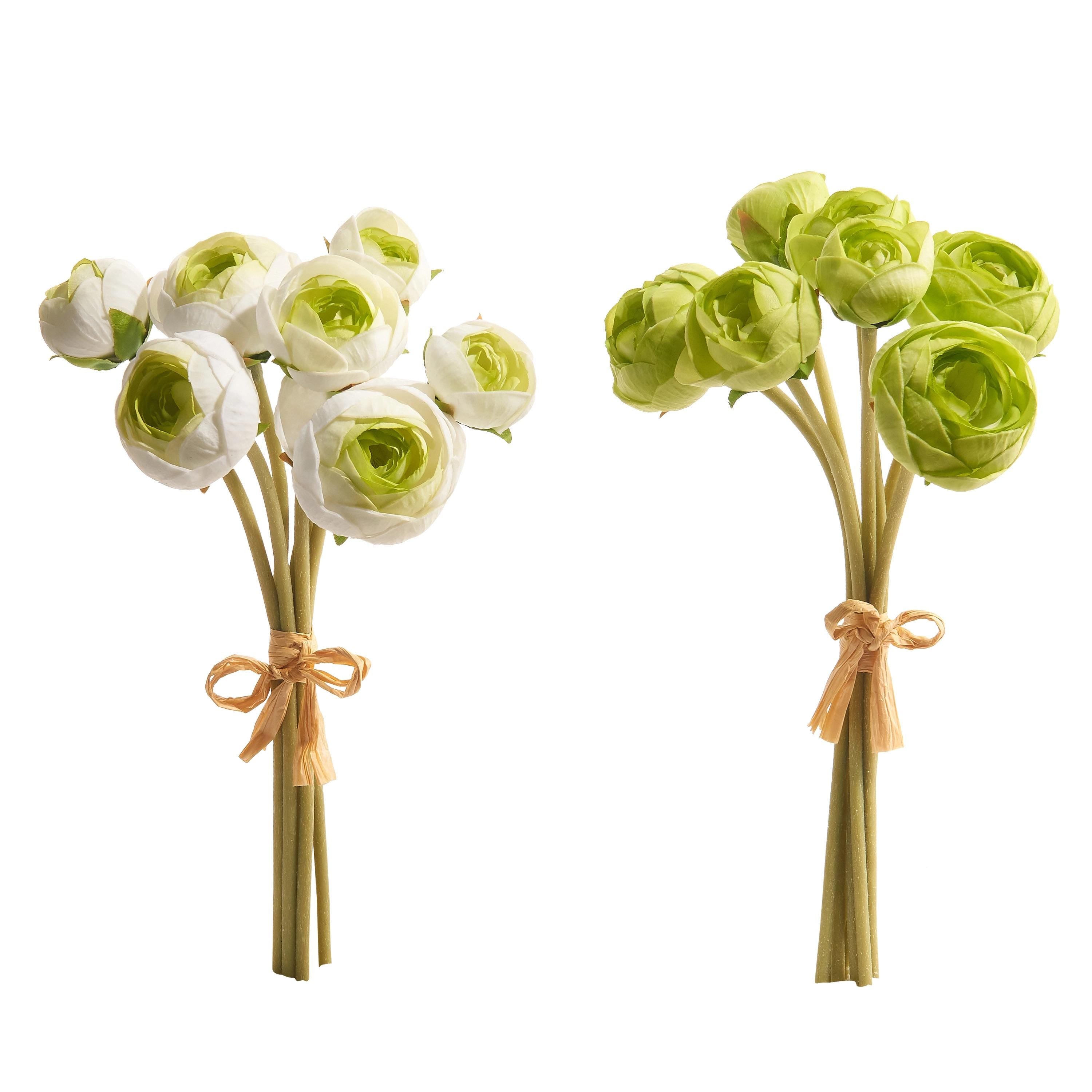 12" Real Touch Ranunculus Bundle – White or Light Green | Spring Floral Stems | Wreath Making Supply | Faux Flower