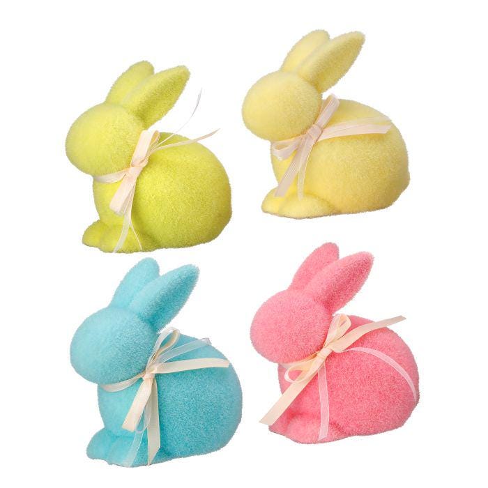 6.25" Flocked Easter Bunny with Ribbon – Yellow, Blue, Pink or Lime | Pastel Spring Decor | Bunny Accent