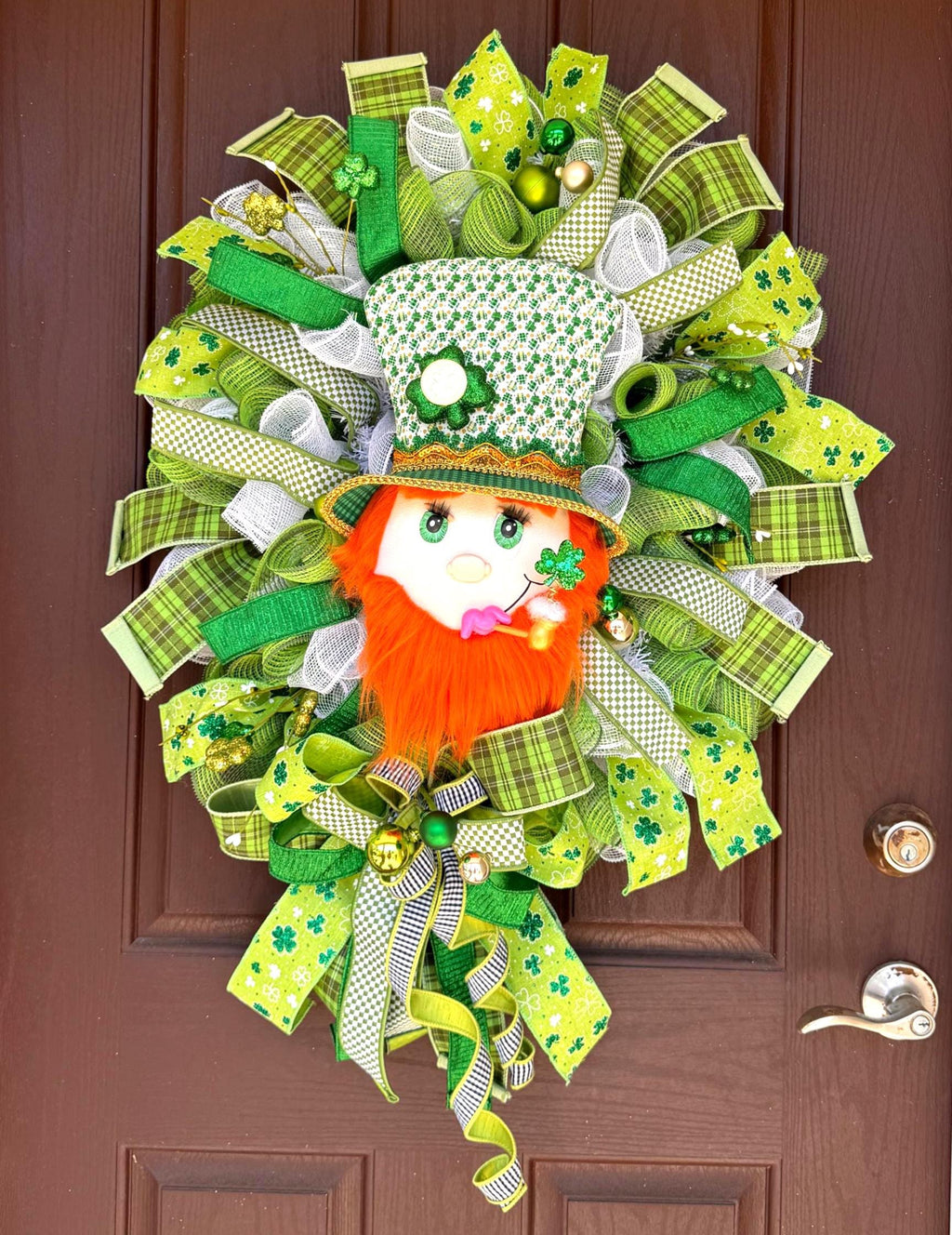 St Patrick’s Day Leprechaun Wreath, Green Shamrock Door Decor, Irish Mesh Front Door Wreath, St Paddy’s Day Porch Decoration