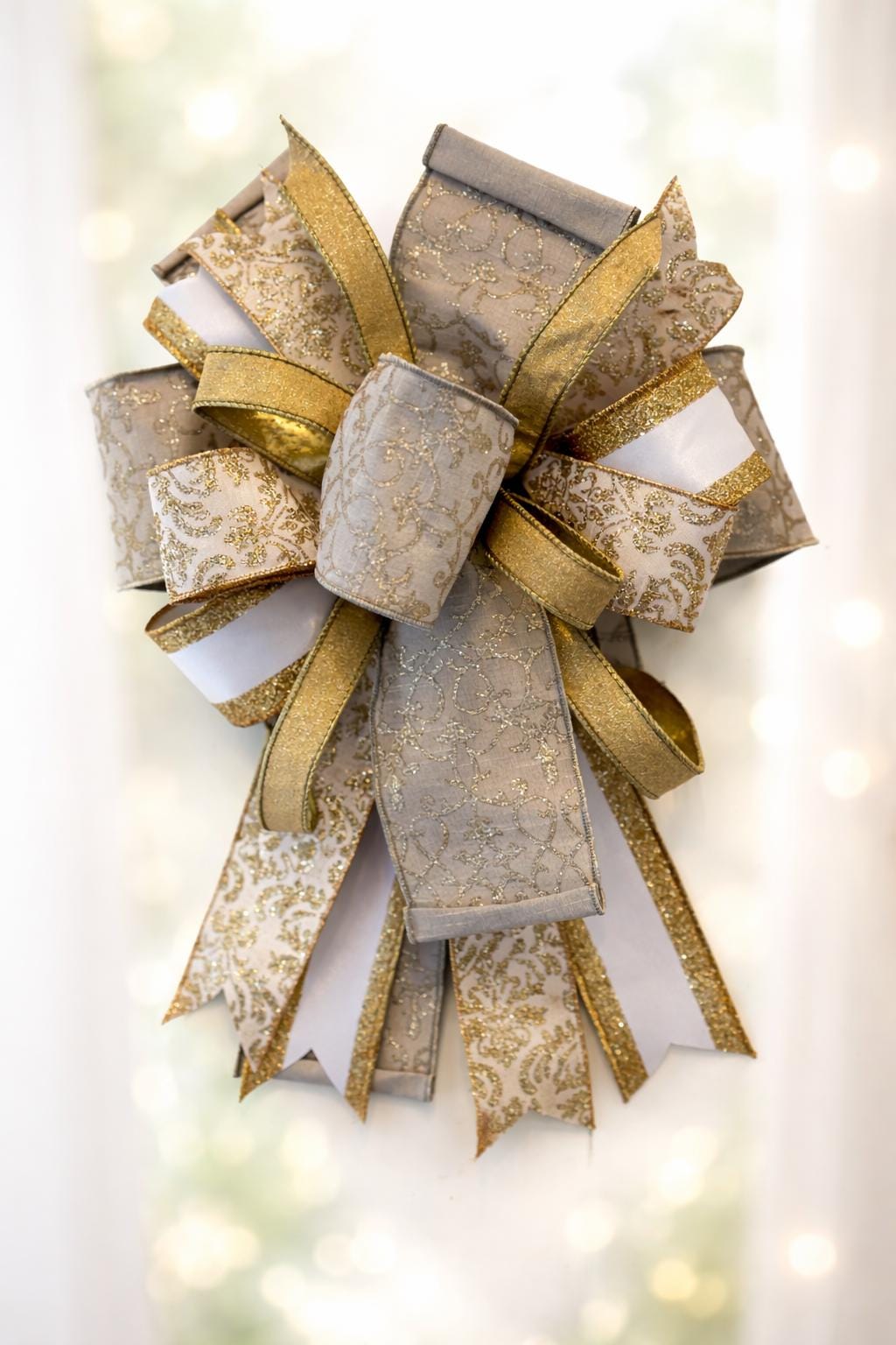 Large Gold White Glitter Bow | Luxury Christmas Holiday Wreath Accent (18x14)