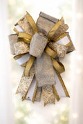 Large Gold White Glitter Bow | Luxury Christmas Holiday Wreath Accent (18x14)