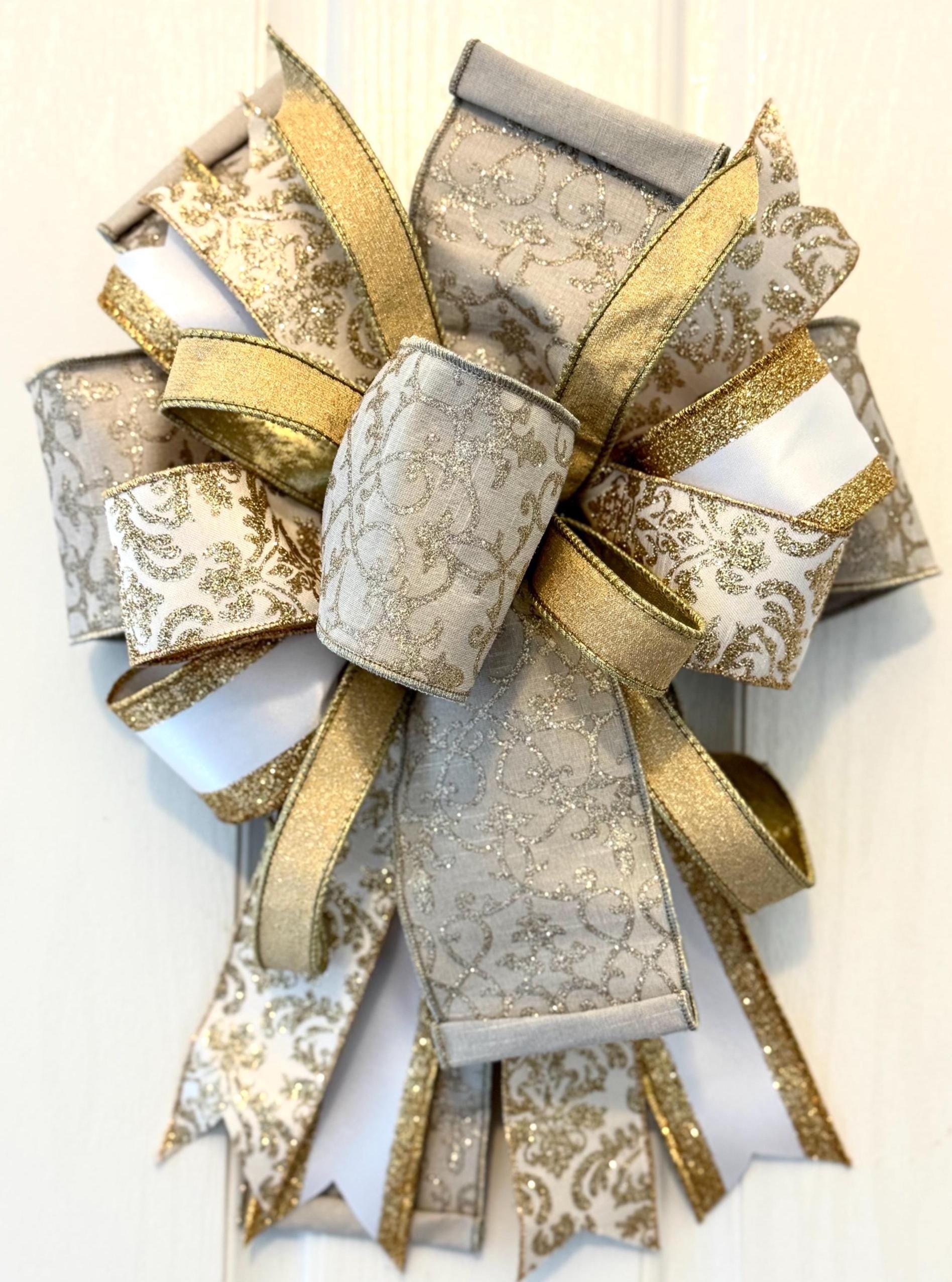 Large Gold White Glitter Bow | Luxury Christmas Holiday Wreath Accent (18x14)