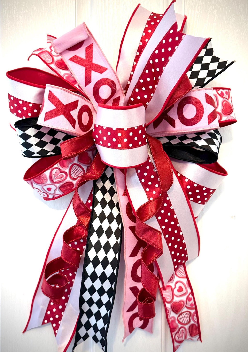 Valentine’s Day Door Bow 25x17 | Large XO Heart Front Door Decoration | Red Pink Black White Holiday Wreath Bo
